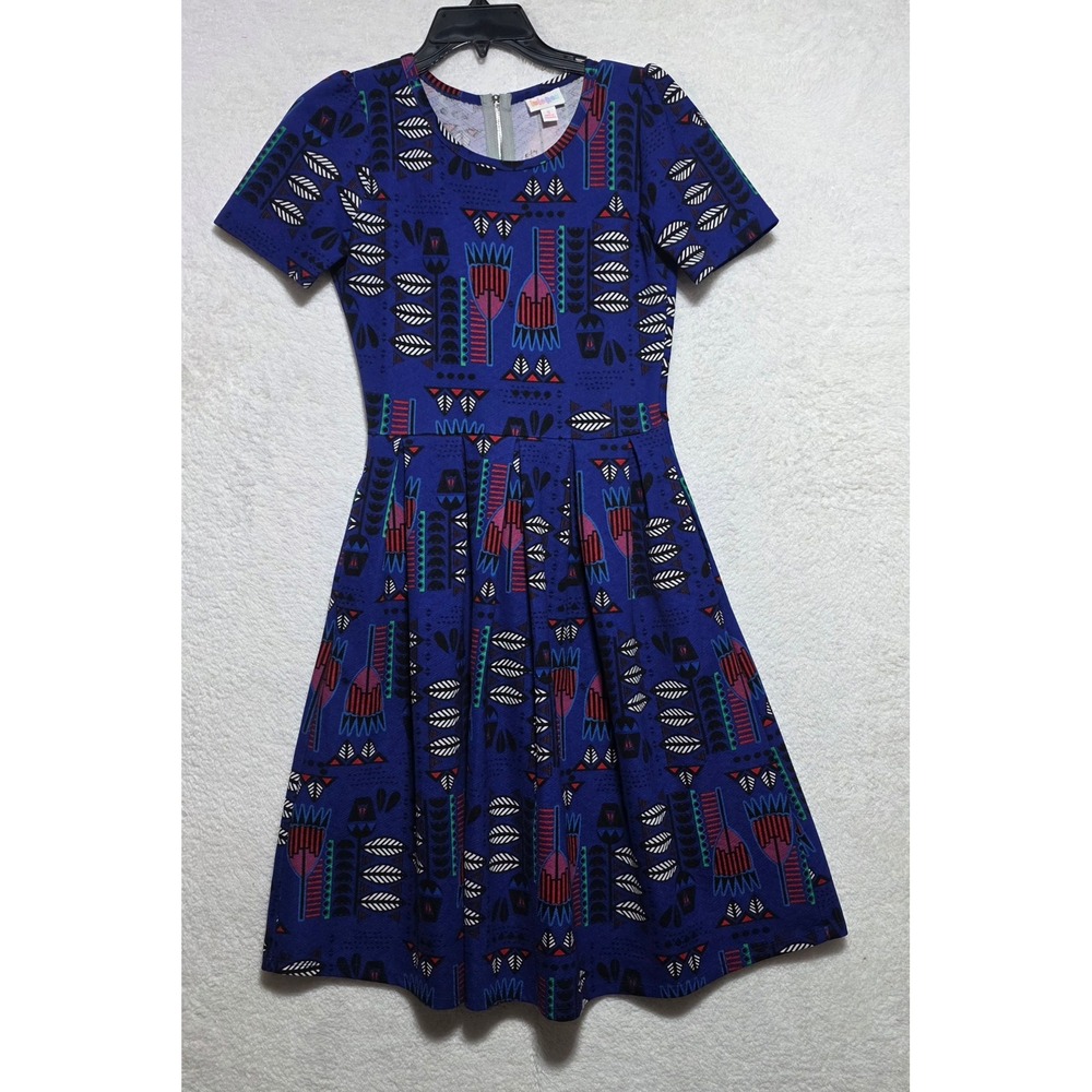 LuLaRoe Amelia Dress Small Blue Geometric Floral Pockets Exposed Zipper Retro
